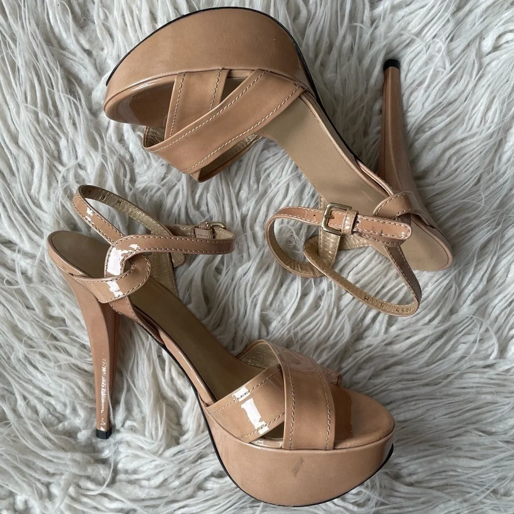 Stuart Weitzman Nexus Open Toe Patent Leather Nude Platform Heeled Sandals Sz 9